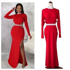 Elegant Hollow Out Rhinestone Slit Bodycon Evening Dress